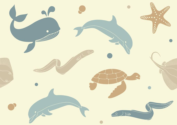 Seamless background with icons of sea inhabitants in flat style - Vector, Image
