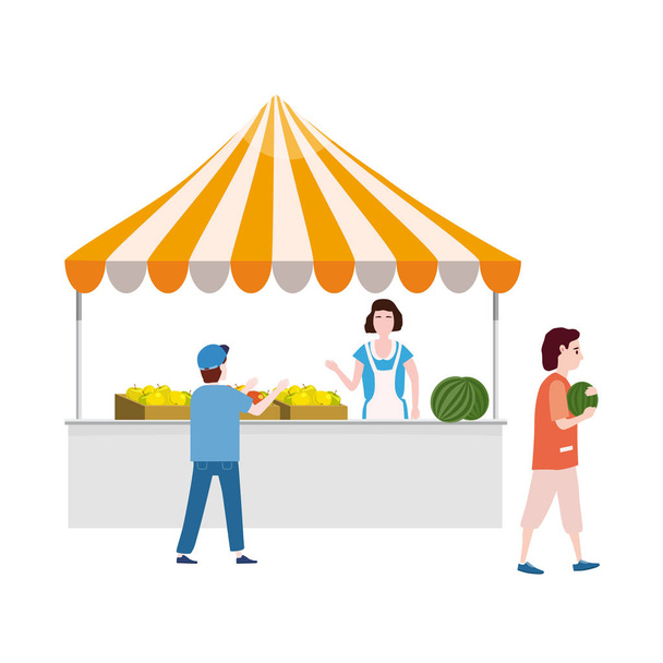 Street food fruits market talls canopy. Seller and Buyers. Vector, Illustration, Isolated, Banner, Template Cartoon flat - Vector, Image