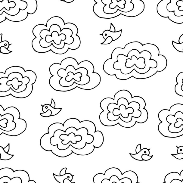 Seamless pattern coloring doodle with clouds and birds in the spring - Wektor, obraz