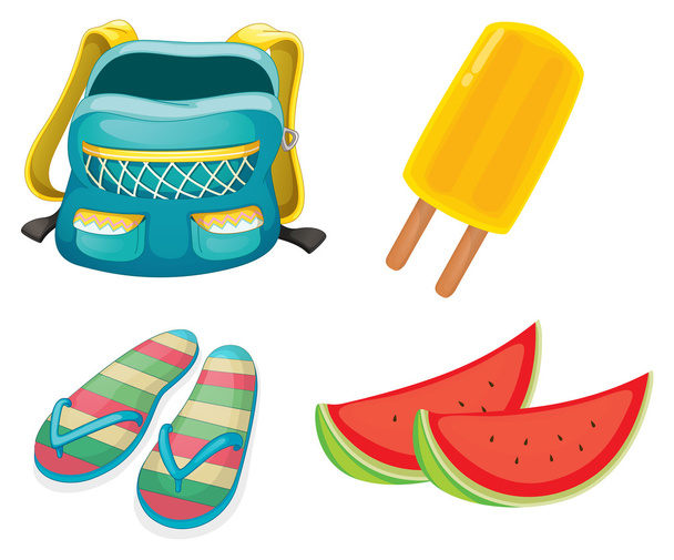 A backpack, a pair of slippers and foods for refreshment - Vector, Image