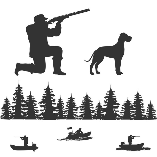 男は 1 つの膝の上に立って、ライフルから発射されます。近くには犬です。別の位置にモーターとゴム製のボート。白い背景を分離します。. - ベクター画像