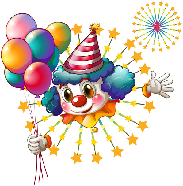 A clown with balloons and a firework display - Vetor, Imagem