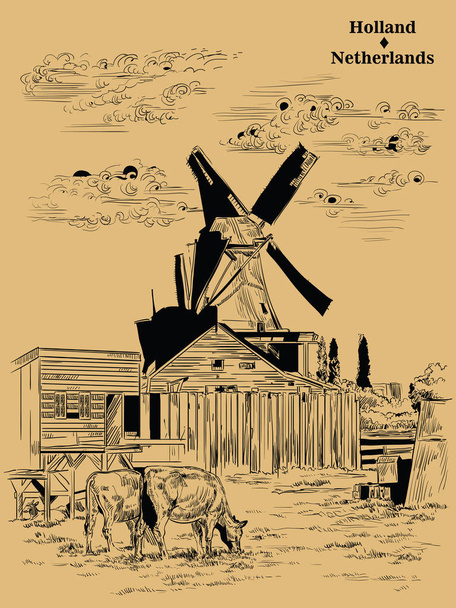 Vektör el çizimi illüstrasyon işareti watermill de Amsterdam (Hollanda, Hollanda). Watermill ve çayır on otlayan inekler. Oyma illüstrasyon izole bej renkli arka plan üzerinde siyah renkli vektör. - Vektör, Görsel