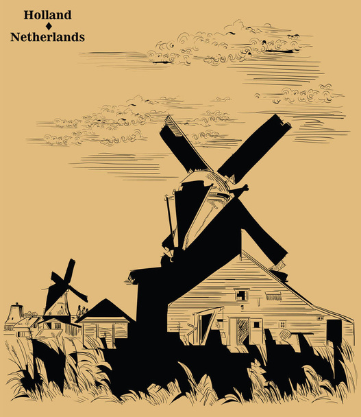 Vector hand tekenen illustratie van Landmark watermolen in Amsterdam (Nederland, Holland). Watermolen op de weide. Vector illustratie in zwarte kleur geïsoleerd op beige achtergrond gravure. - Vector, afbeelding