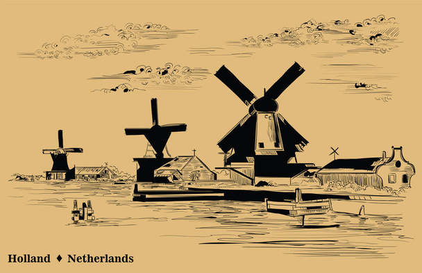 Διάνυσμα χέρι σχεδίασης εικονογράφηση νερόμυλο στο Άμστερνταμ (Ολλανδία, Ολλανδία). Ορόσημο της Ολλανδίας. Διάνυσμα Χαρακτική εικόνα σε μαύρο χρώμα που απομονώνονται σε μπεζ φόντο. - Διάνυσμα, εικόνα