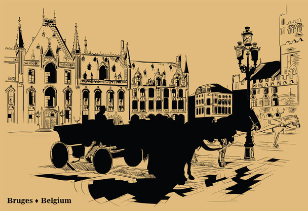 Переглянути на площі Гроте Маркт Орієнтир у середньовічному місті Брюгге, Бельгія. Коней, вагонів та ліхтариків на Ринковій площі Брюгге. Векторні ілюстрації в чорний колір, ізольовані на бежевому фоні гравіювання. - Вектор, зображення