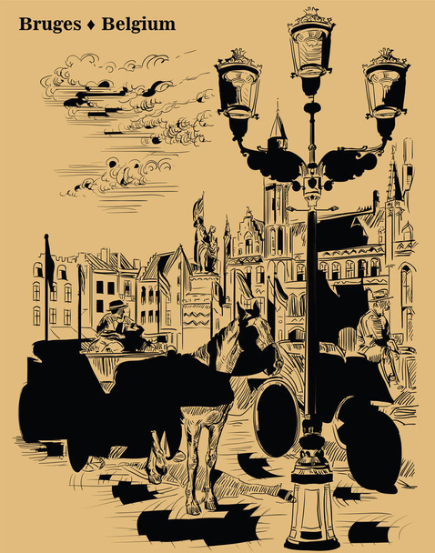 Vista sulla piazza Landmark Grote Markt nella città medievale di Bruges, Belgio. Cavalli, carrozze e lanterne sulla piazza del mercato di Bruges. Illustrazione di incisione vettoriale in colore nero isolato su sfondo beige
. - Vettoriali, immagini