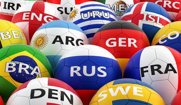 Fotbalové míče barevné v různých národních barev příznaku - 3d vykreslování  - Fotografie, Obrázek
