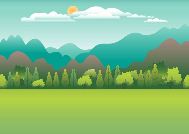 Kopce a hory krajina v ploché styl designu. Údolí na pozadí. Krásné zelené pole, louka a modrá obloha. Venkovské místo v kopci, Les, stromy, kreslené vektorové ilustrace - Vektor, obrázek