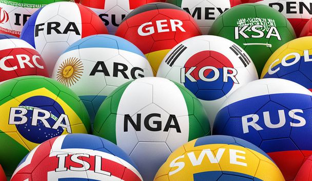 Soccer balls colored in different national flag colors - 3D rendering  - Fotó, kép
