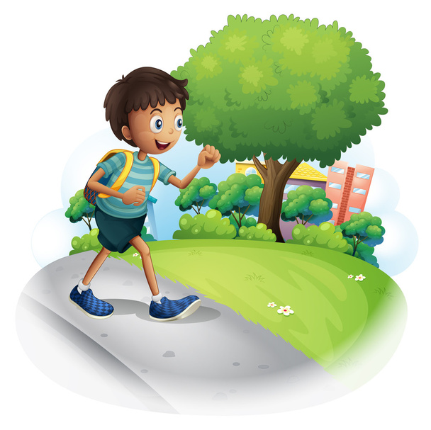 Un ragazzo con una borsa che cammina lungo la strada
 - Vettoriali, immagini