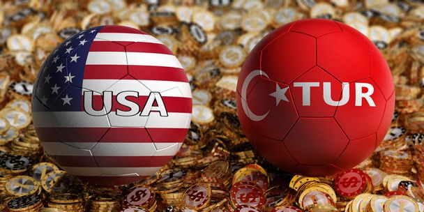 Turkki vs. USA Soccer Match Jalkapallo pallot Turkissa ja Yhdysvalloissa kansallisia värejä sängyssä kultaisen dollarin kolikoita. 3D-renderointi
  - Valokuva, kuva