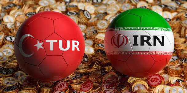 Turkije vs. Iran voetbalwedstrijd - Soccer ballen in Turkije en Iran nationale kleuren op een bedje van gouden dollar munten. 3D-rendering  - Foto, afbeelding