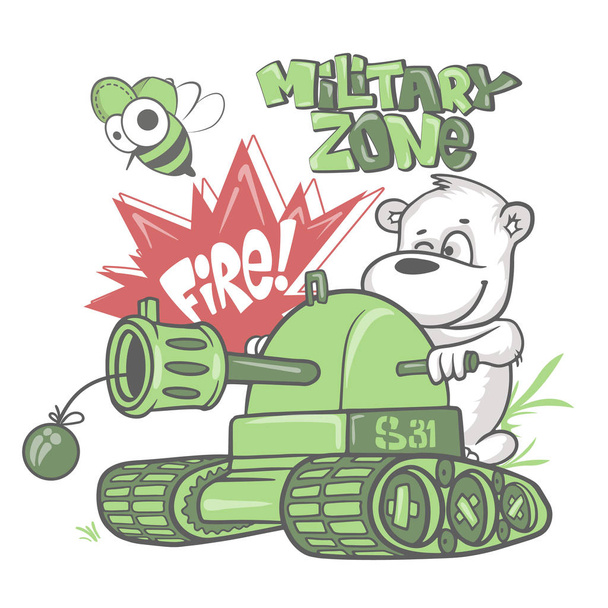 Bear soldier in a tank, kids shirt print design - Vector, Image