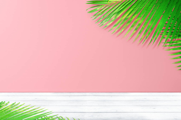 White wooden table and green palm branches with pink wall background - Foto, Imagem