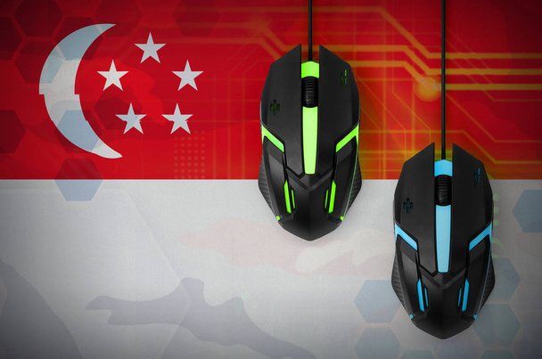 Vlajka Singapuru a dvě moderní počítačové myši s podsvícením. Koncept online kooperativní hry. Cyber sport tým - Fotografie, Obrázek