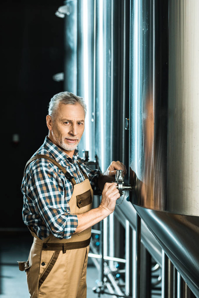 professional senior male brewer working with brewery equipment - Photo, Image