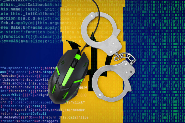 バルバドスの国旗と手錠をかけられ近代的なバックライト付きコンピュータ ・ マウス。コンピューター犯罪、ハッカーおよび海賊行為との闘いのクリエイティブ コンセプト - 写真・画像