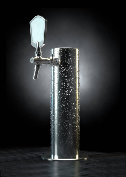 ein normaler chromgezapfter Bierhahn mit kaltem Kondenswasser auf isoliertem dunklen Hintergrund - 3D-Render - Foto, Bild