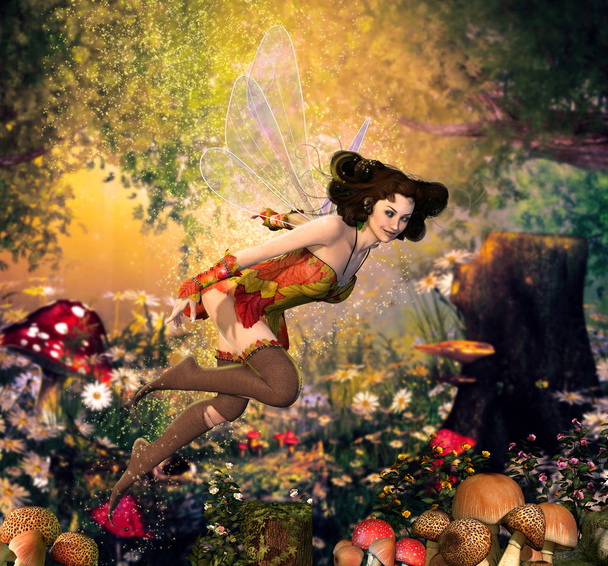 Belle fille de fée volant à travers une forêt de fantaisie enchanteresse
 - Photo, image