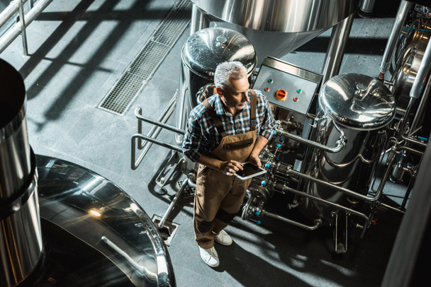 overhead view of brewer in working overalls using digital tablet in brewery - Photo, Image
