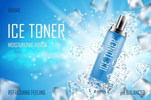 Hűtés Ice toner jégkockákat. Reális fagyasztott frissítő spray palack csomagolás ad. Skin care arc toner termék design. 3D vektoros illusztráció - Vektor, kép