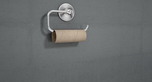 An emptied roll of toilet paper hanging on a chrome toilet roll holder on an isolated white textured background - 3D render - Photo, Image