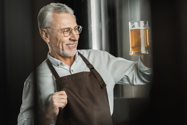 birraio maschio sorridente guardando vetro di birra in birreria
 - Foto, immagini