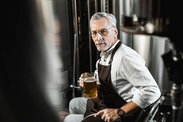 cervecero profesional en delantal sentado en la silla y sosteniendo un vaso de cerveza en la cervecería
 - Foto, Imagen