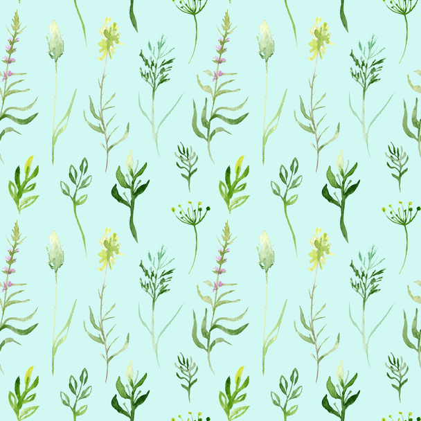 Aquarellzeichnung nahtloses Muster von Feldpflanzen, Blumen und Kräutern, Skizze - Foto, Bild