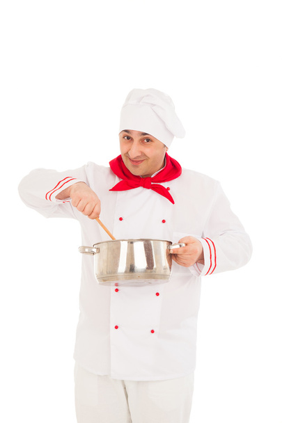 усміхнений шеф-кухар тримає каструлю візерунком червоно-білу уніформу
 - Фото, зображення