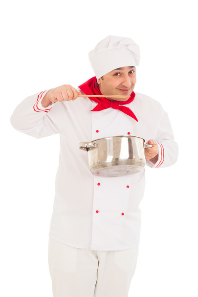 усміхнений шеф-кухар тримає каструлю візерунком червоно-білу уніформу
 - Фото, зображення