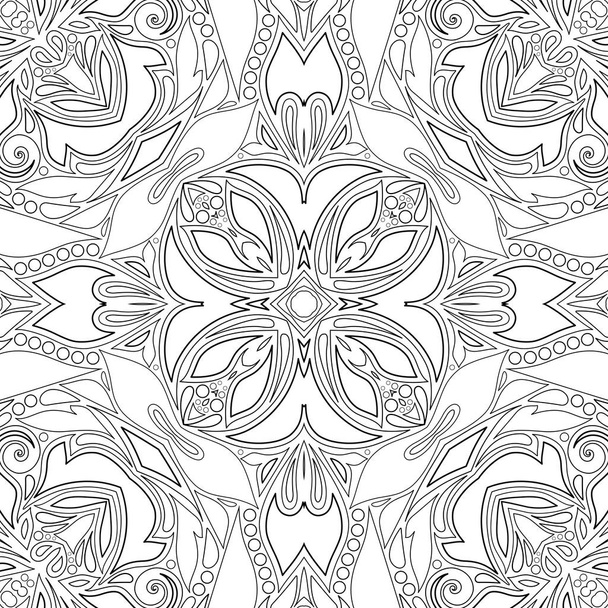 Monochrome Seamless Pattern with Floral Ethnic Motif. Endless Texture with Abstract Design Element. Indian, Turkish, Batik, Paisley Garden Style. Simple Coloring Book Page. Vector Contour Illustration - Vektör, Görsel