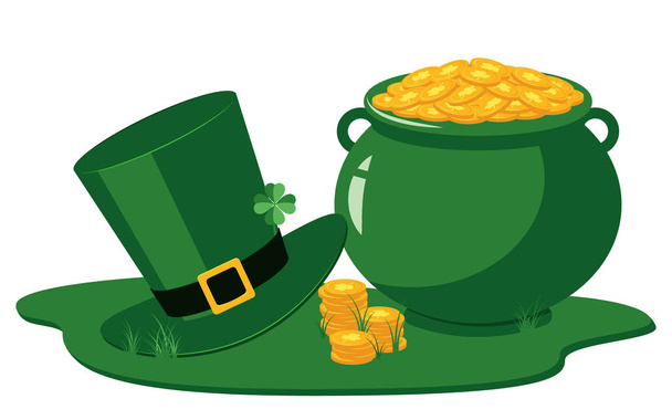 st patrick day traditionelle Symbole der grünen Kobold Hut, Topf mit Goldmünzen und Shamrock Blatt. - Vektor, Bild