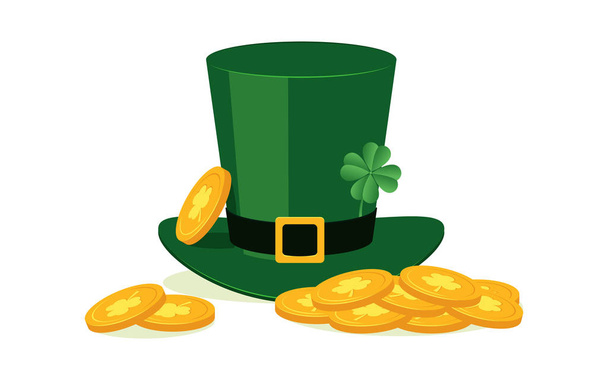 grüne Koboldmütze mit vier Kleeblättern und Goldmünzen in flachem Stil isoliert auf weißem Hintergrund. - Vektor, Bild