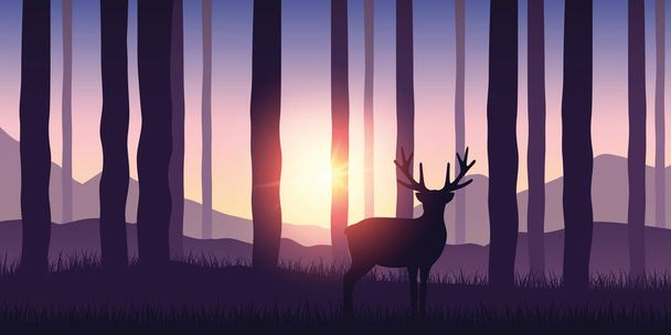 одинокий олень дикой природы в лесу фиолетовый природный ландшафт
 - Вектор,изображение