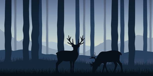 two wildlife reindeers in the forest blue nature landscape - Vector, Image