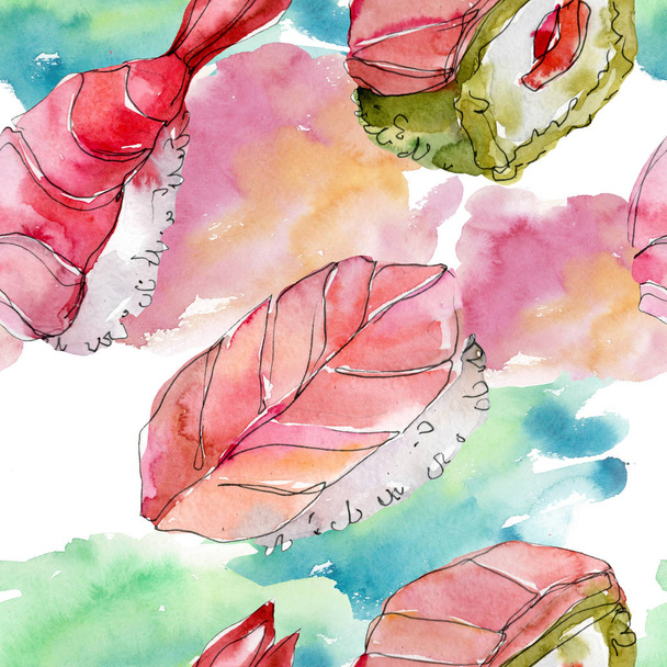 Watercolor sushi set of beautiful tasty japanese food illustration. Seamless background pattern. - Foto, Imagen