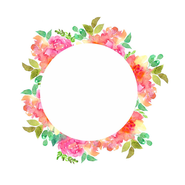 Round floral frame. Wedding invitation design with watercolor flowers. Floral greeting card with pink roses. Floral wreath. - 写真・画像