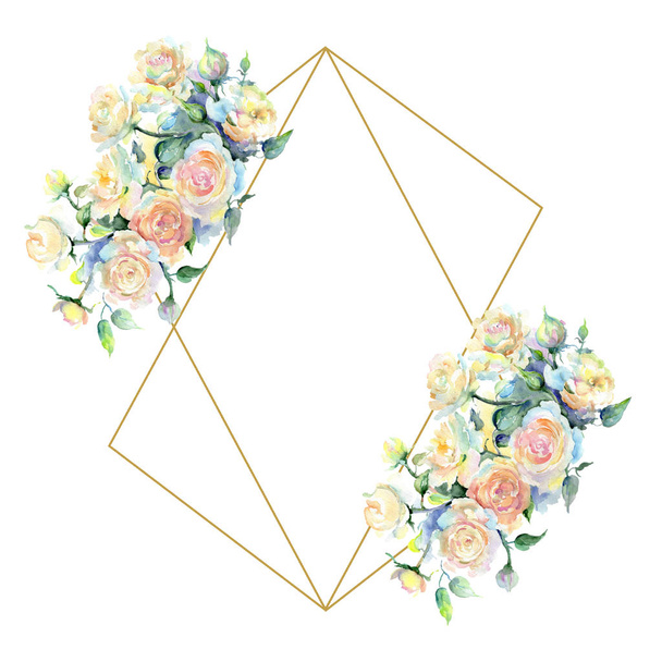 Beige rose bouquet botanical flower. Watercolor background illustration set. Frame border crystal ornament square. - Foto, afbeelding