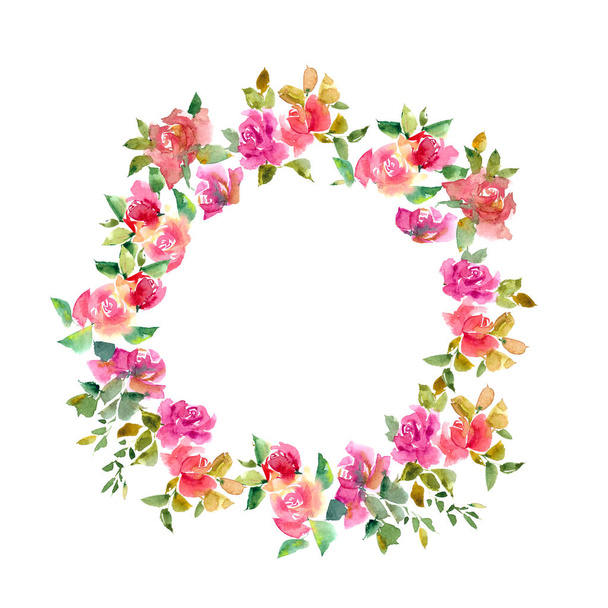 Round floral frame. Wedding invitation design with watercolor flowers. Floral greeting card with pink roses. Floral wreath. - Valokuva, kuva