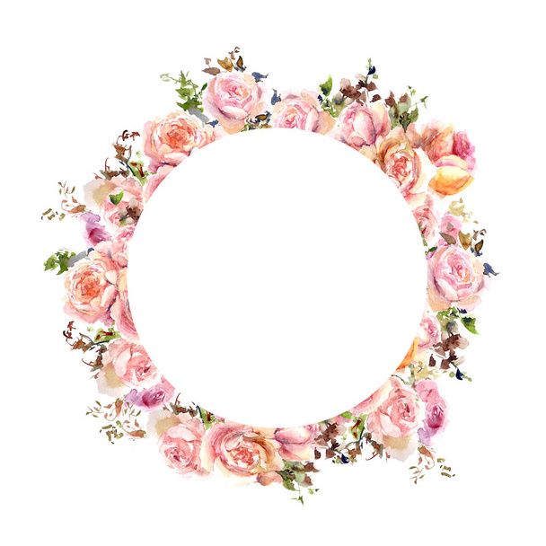 Round floral frame. Wedding invitation design with watercolor flowers. Floral greeting card with roses. Floral wreath. - Foto, Imagem