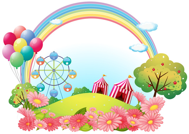 Una colina con carpas de circo, globos y una noria
 - Vector, Imagen