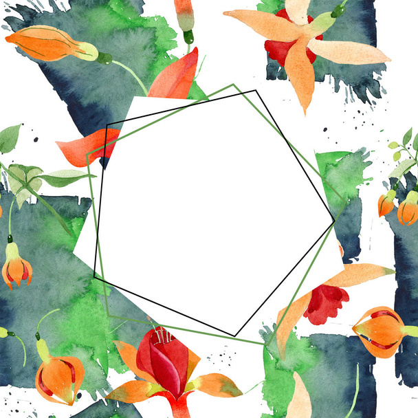 rot orange fuchsia floral botanische Blume. Aquarell Hintergrundillustration Set. Rahmen Rand Ornament Quadrat. - Foto, Bild