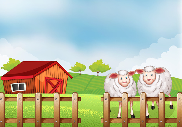 Вівці всередині дерев'яного паркану з сараєм
 - Вектор, зображення
