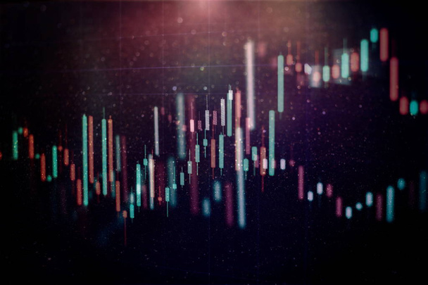 Технический ценовой график и индикатор, красный и зеленый график подсвечников на синем экране темы, волатильность рынка, вверх и вниз тенденция. Торговля акциями, криптовалютный фон. - Фото, изображение