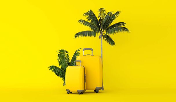 Żółty podróży walizka z tropikalne palm tree liści. renderowania 3D - Zdjęcie, obraz