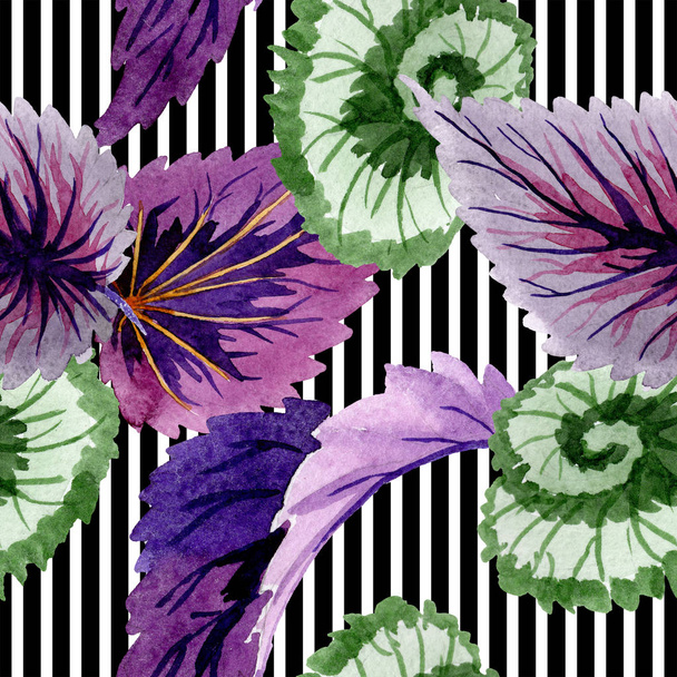 Begonien grüne und violette Blätter. Aquarell Hintergrundillustration Set. nahtloses Hintergrundmuster. - Foto, Bild
