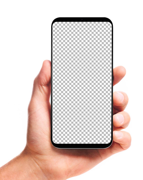 male hand holding bezel-less smartphone with blank transparent screen, isolated on white background . Screen is cut out with path - Valokuva, kuva