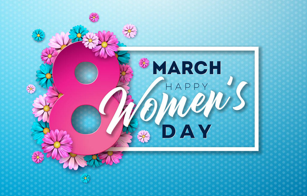 8 March. Happy Womens Day Floral Greeting card. International Holiday Illustration with Flower Design on Blue Background. Vector Spring Celebration Template. - Vetor, Imagem